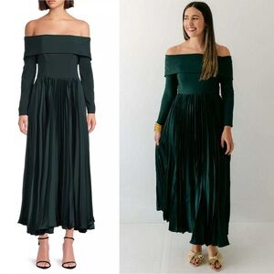 NEW! Hutch- Long-Sleeve Off-The-Shoulder Pleated Maxi Dress Size 2 Forest Green